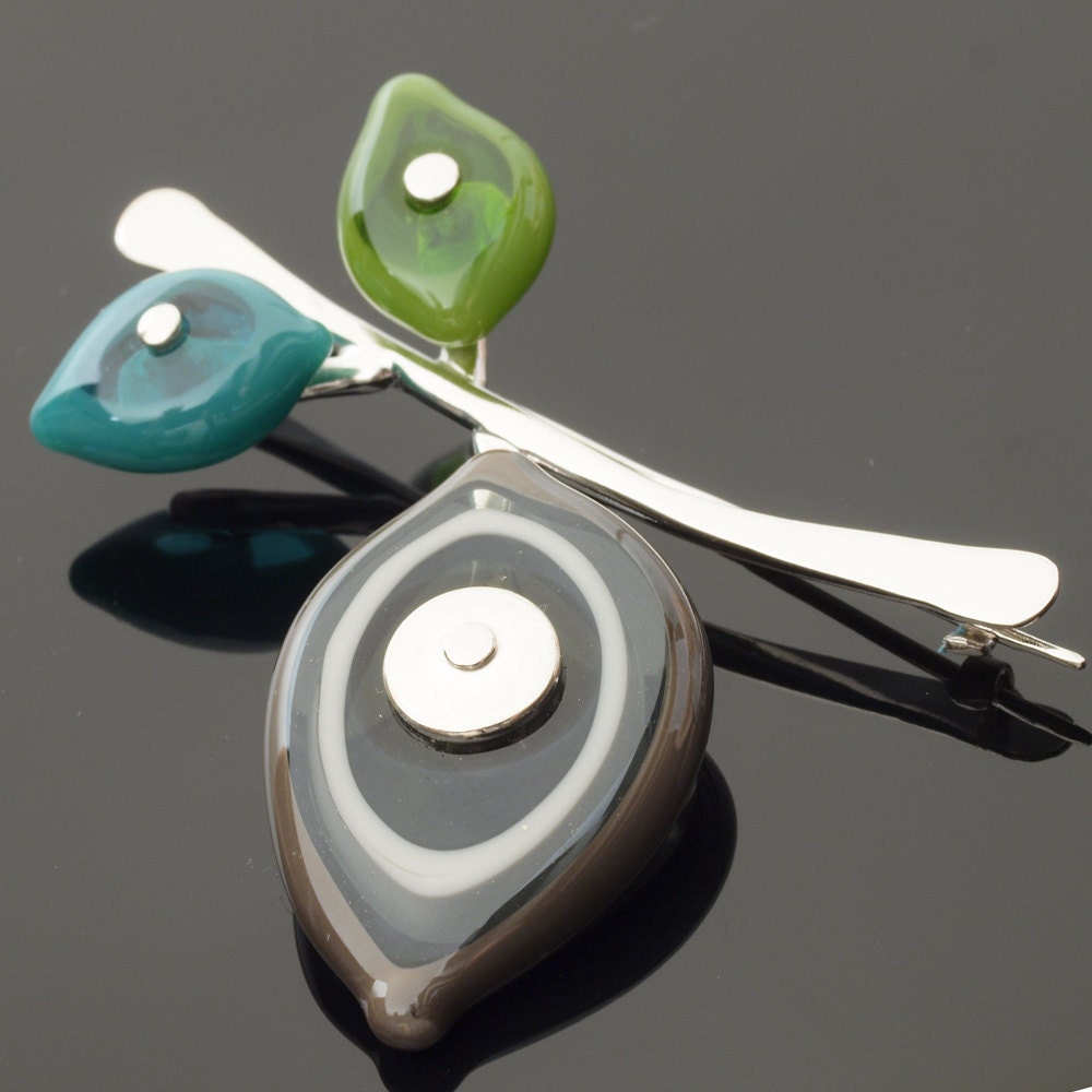 Glass Leaf Brooch - Gray, Teal, Green