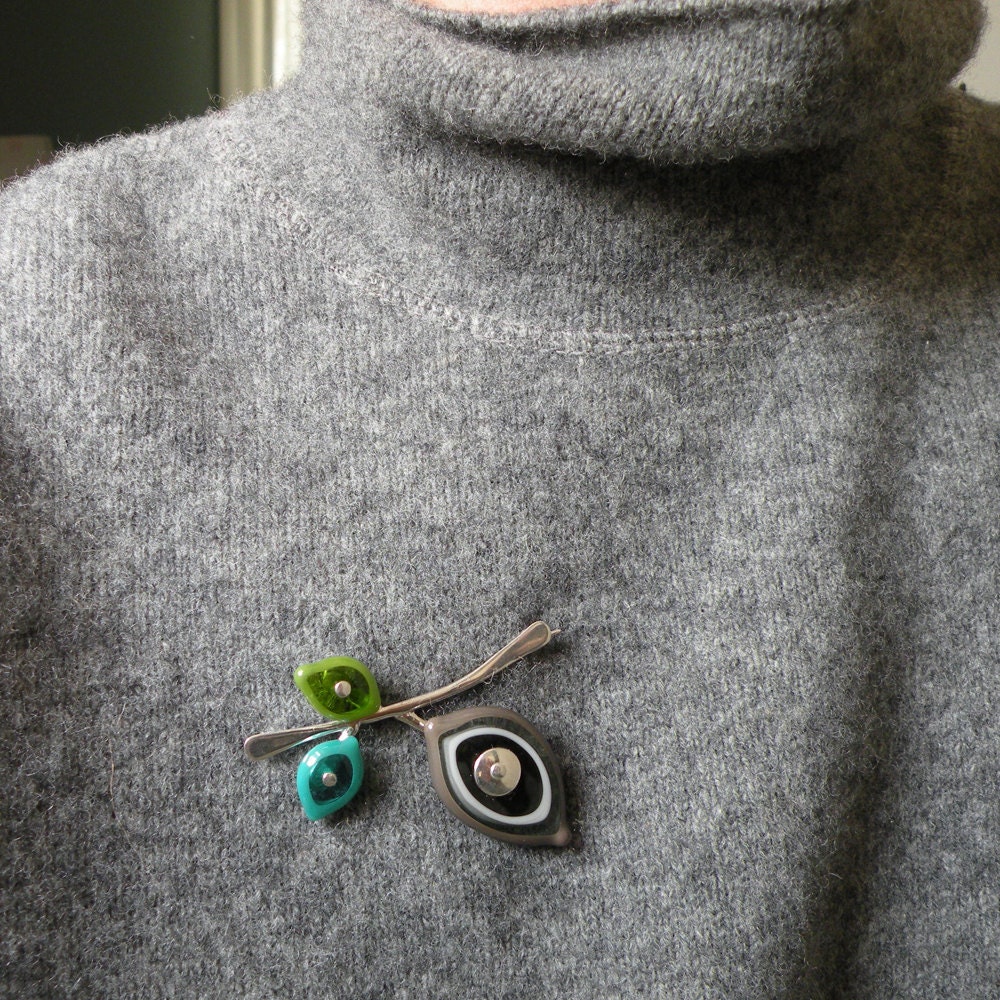 Glass Leaf Brooch - Gray, Teal, Green
