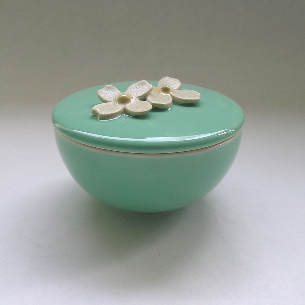 Ceramic Lidded Vessel with Dogwood Flower in Vintage Green