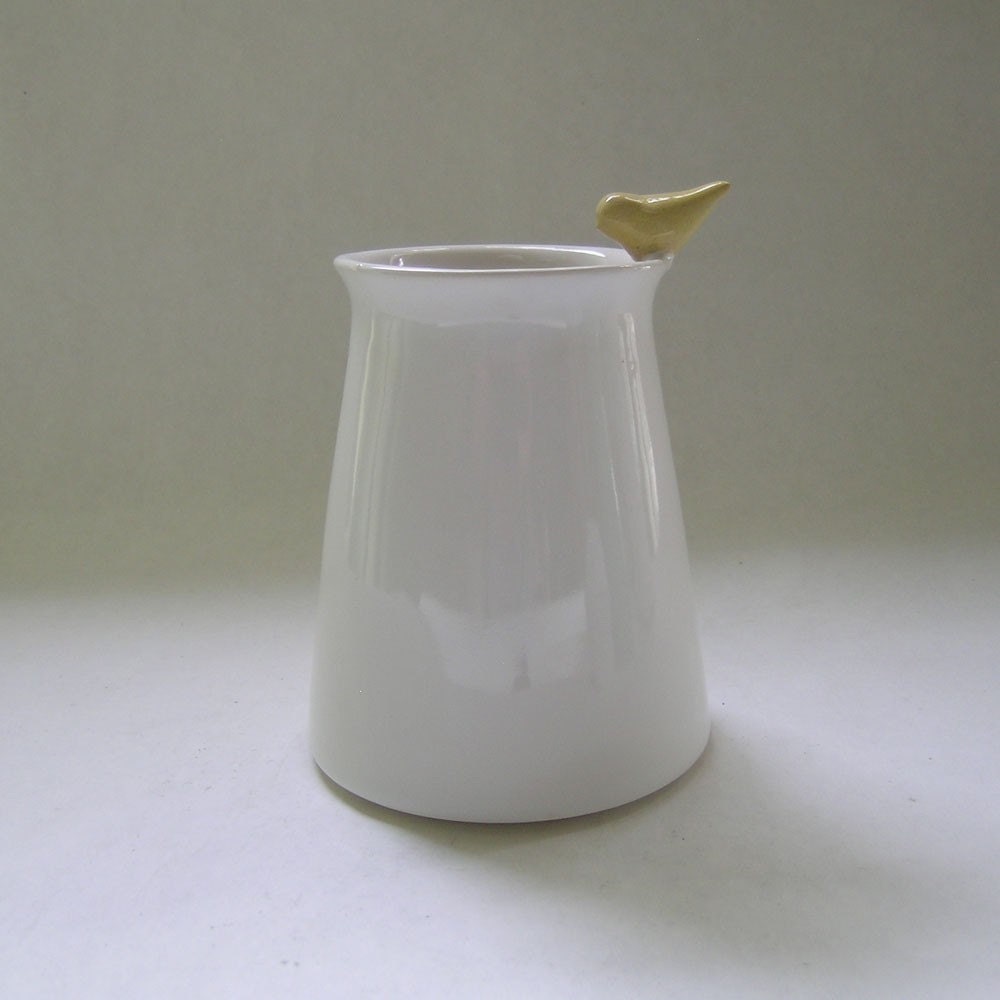 Ceramic Vase with Yellow Bird in White
