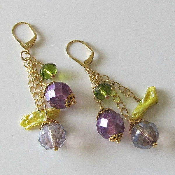 Lavender and  lime green beaded earrings, lavender crystals, lime green freshwater stick pearls, beaded jewelry
