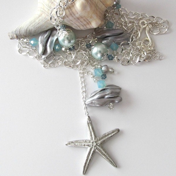 Silver starfish beaded pendant necklace, aqua pearls, silver pearls, long necklace, chain necklace, beaded jewelry