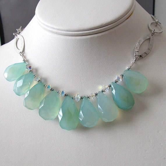 Aqua Chalcedony Gemstone Briolette Necklace Beaded Bib