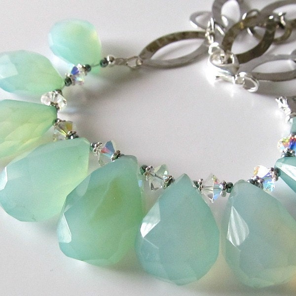 Aqua Chalcedony gemstone briolette necklace, beaded bib necklace with silver chain, beaded jewelry