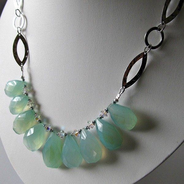 Aqua Chalcedony gemstone briolette necklace, beaded bib necklace with silver chain, beaded jewelry