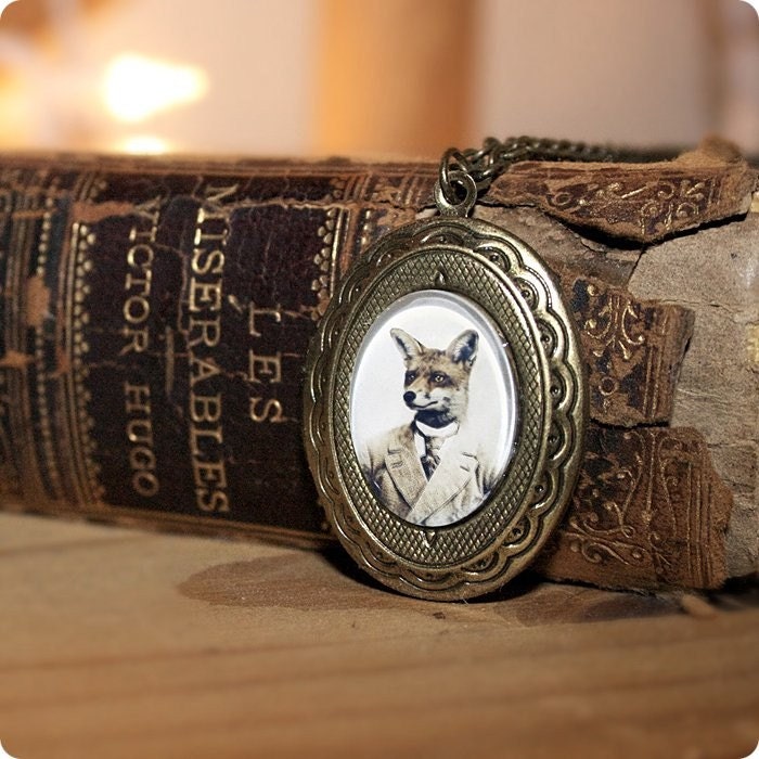 Fox Locket, Young Mr Fox, Wearable Art, 24 Inch Chain, Oval, Vintage Inspired Necklace