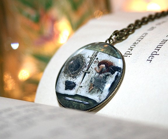 The Wing Collector, Wearable Art, Antique Gold Brass, 18 Inch Chain, Round, Art Jewelry