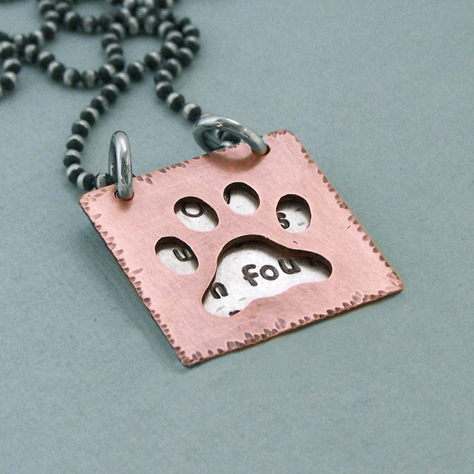 Dog Quote Flip Chart Style Necklace - Hand Stamped Sterling Silver and Pierced Copper - Love walks on four paws