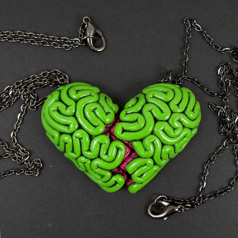 I Heart Brains Best Friends Necklace Set, original split zombie brain heart BFF necklaces