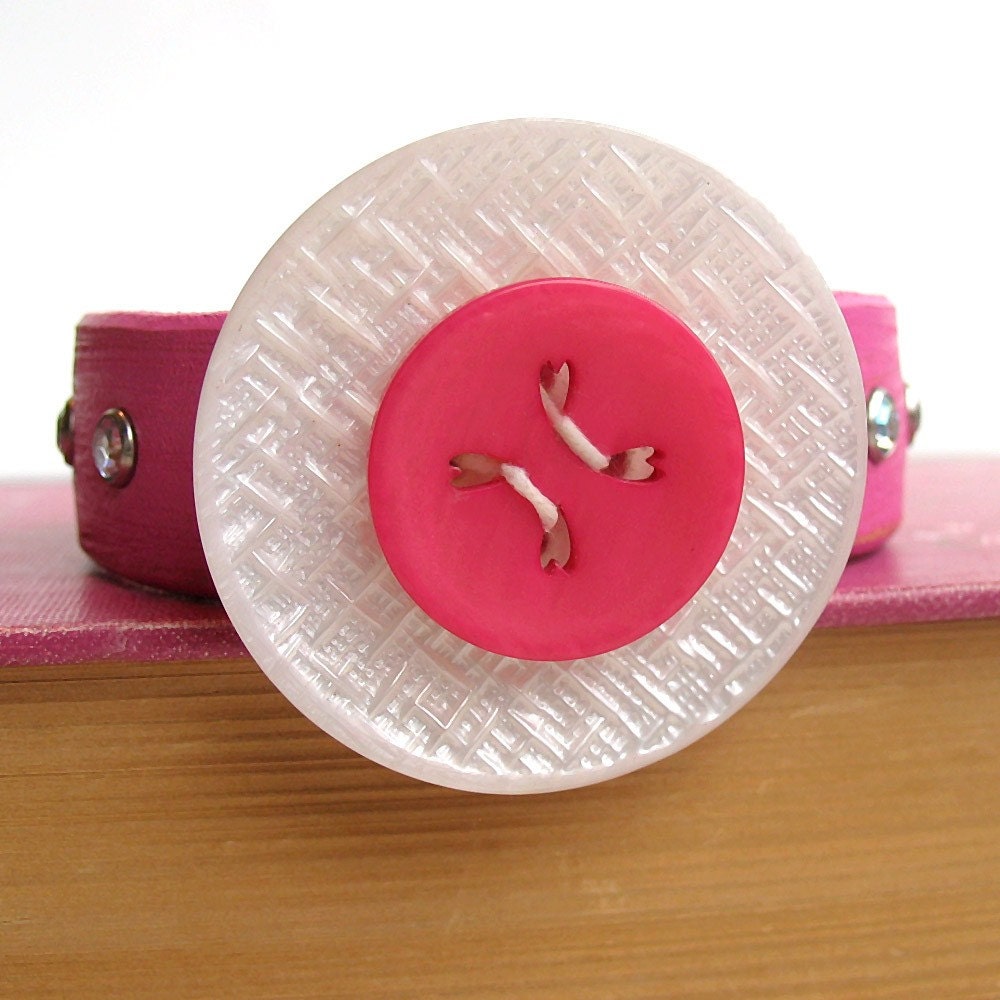 Skinny Pink Leather Cuff Bracelet with Vintage Buttons, Womens Accessories, Eco Friendly, Unique, OOAK
