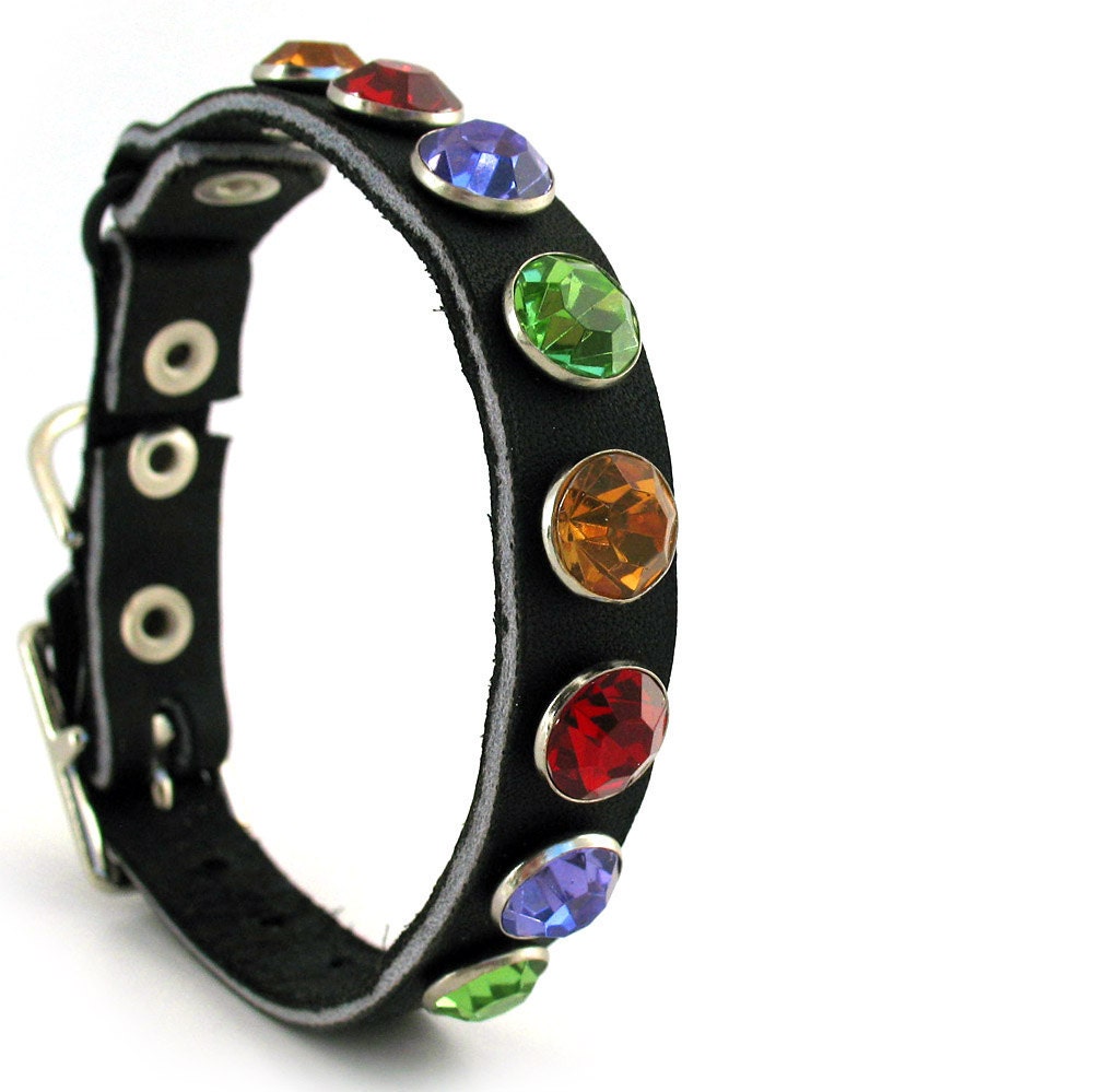 Black Leather Cat Collar with Giant Jewel Tone Crystals, Size XS, 7-9 Neck, Eco-Friendly, Reclaimed Leather, OOAK