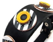Zebra Stripe & Yellow Circles on Black Leather Dog Collar, Size XS/S, Extra Small Dog, to fit a 8-10 Neck, Eco Friendly, Unique,  OOAK
