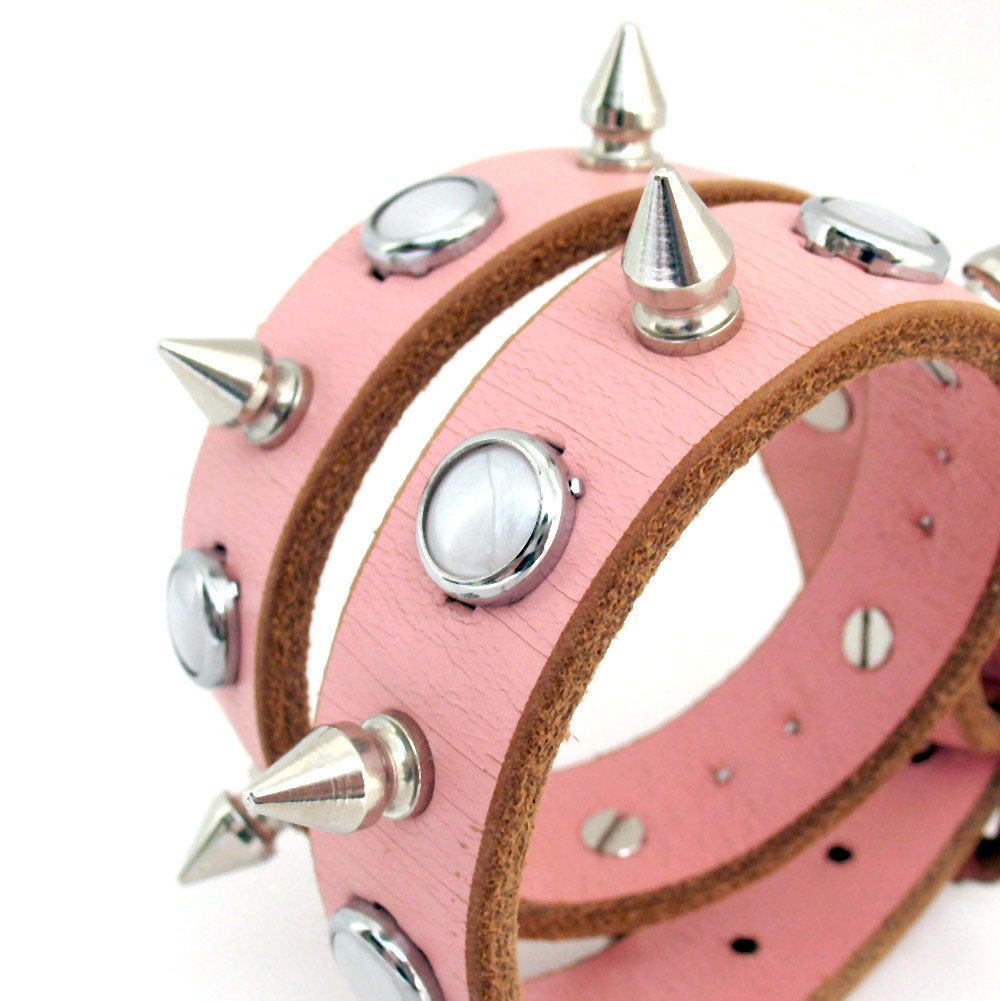 Tough Girl Pink Leather Dog Collar with Pearls & Spikes, Size M/L ... Tough Girl Pink Leather Dog Collar with Pearls & Spikes, Size M/L ...