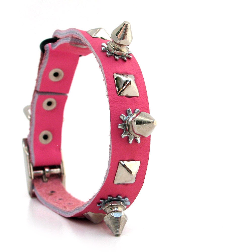 Tough Girl Cat Collar in Pink Leather with Spikes and Studs, EcoFriendly, Reclaimed Leather, Size XS, to fit a 7-9in Neck, Unique