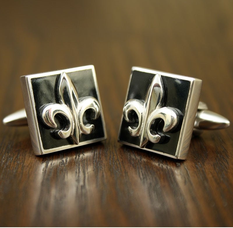 Fleur De Lys Black Enamel Cuff Links, Sterling Silver