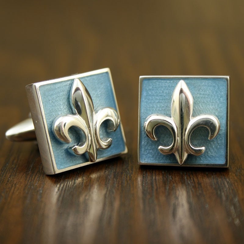 Fleur De Lis, Sterling Silver, Blue Transparent Enamel, Handmade