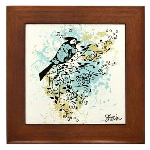 Perched on High Bird on Branch Framed Art Tile for wall or table SIGNED  Makes a great gift