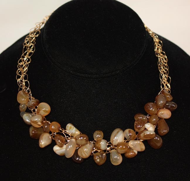 Enchanted Earth (brass) Crochet Wire Knit Glass Stone Pebble Beads Necklace by Kristen Stein