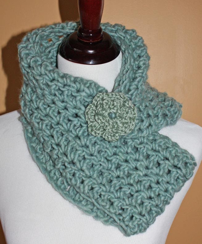 ON SALE Soft and Warm - Crochet Cowl Neckwarmer Wrap with Rosette - Long and versatile- Aqua Green
