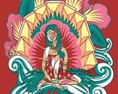 Luau Girl Art Deco Cubist ACEO Mini Print Matted with Display Easel Signed by Kristen Stein