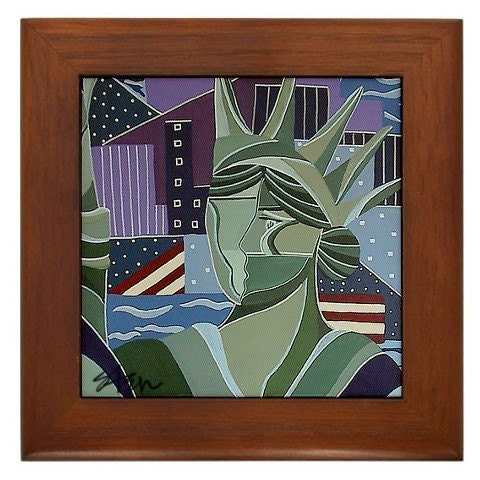 Our Lady Liberty Statue of Liberty Framed Ceramic Tile from original Art Deco Cubist painting by Kristen Stein