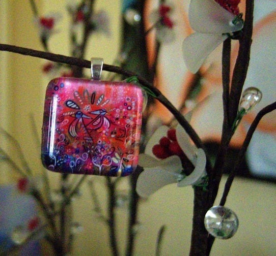 Enchanted Garden Pink Red Whimsical Folk Art Glass Tile Pendant from Original Painting by Kristen Stein FREE SHIPPING