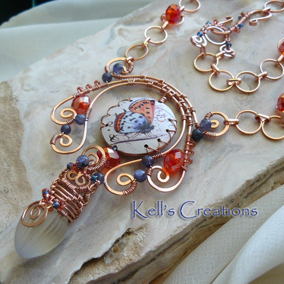 Wirewrapped Copper Butterfly Art Bead Pendant