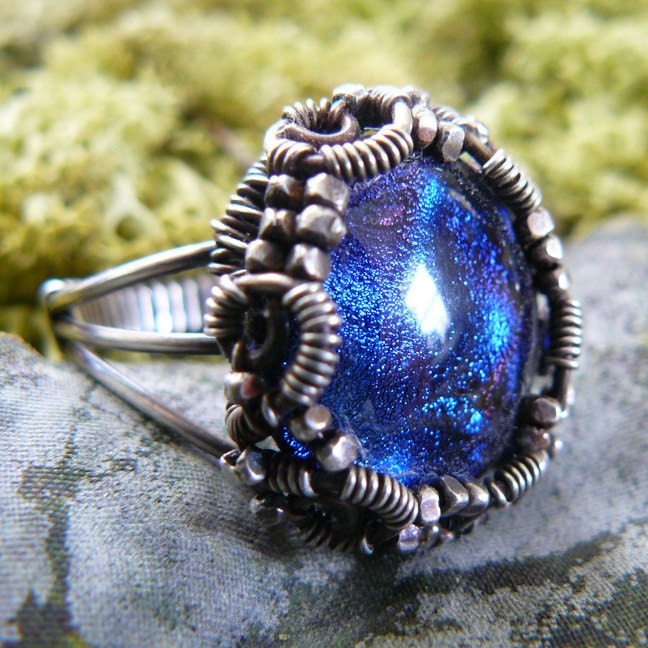 Dichroic Glass Cabochon Wirewrapped Ring Deep Blue