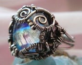Dichroic Auroria Borealis Wirewrapped Fused Glass Ring Size 7