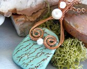 Turquoise Magnesite Pearl and Copper Wirewrapped Pendant