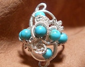 Whimsical Sterling Silver and Turquoise Spirals and Swirls Wirewrapped Bead Ring, Size 7