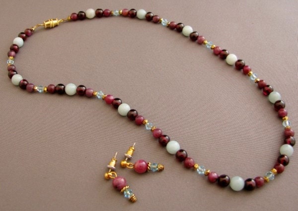 Caribbean Necklace and Earrings with Amazonite, Garnets, Rubies, and Crystals