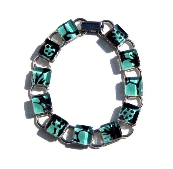 Chocolate Brown and Aqua Glass Bracelet. A Kimono Cube Glass Tile Bracelet by Gamiworks : Mineral