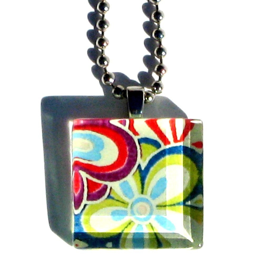 flower power - mini glass tile and chiyogami pendant necklace
