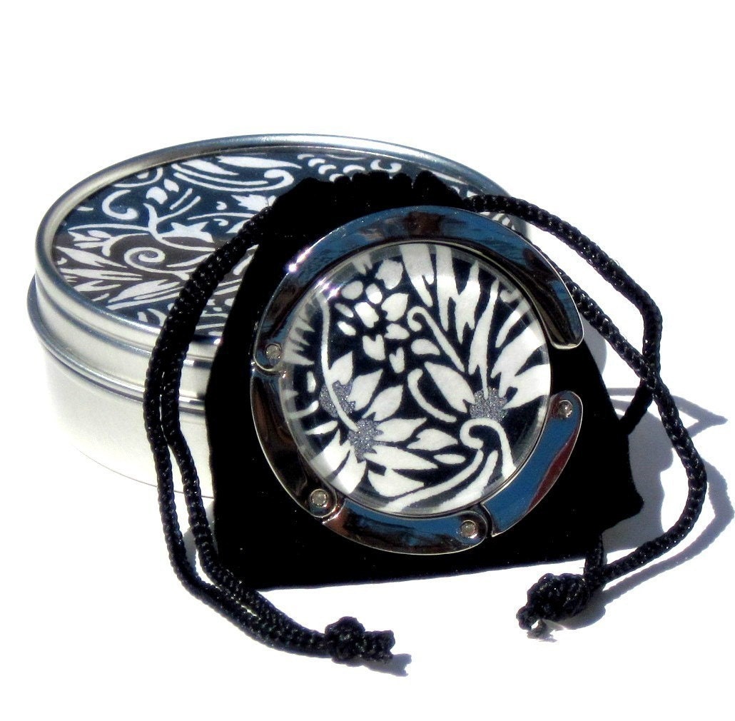 Geisha Gem Purse Hook - Tatoo- A Handcut Glass and Japanese Chiyogami Purse or Bag Hanger - Foldable. Portable. Adorable.