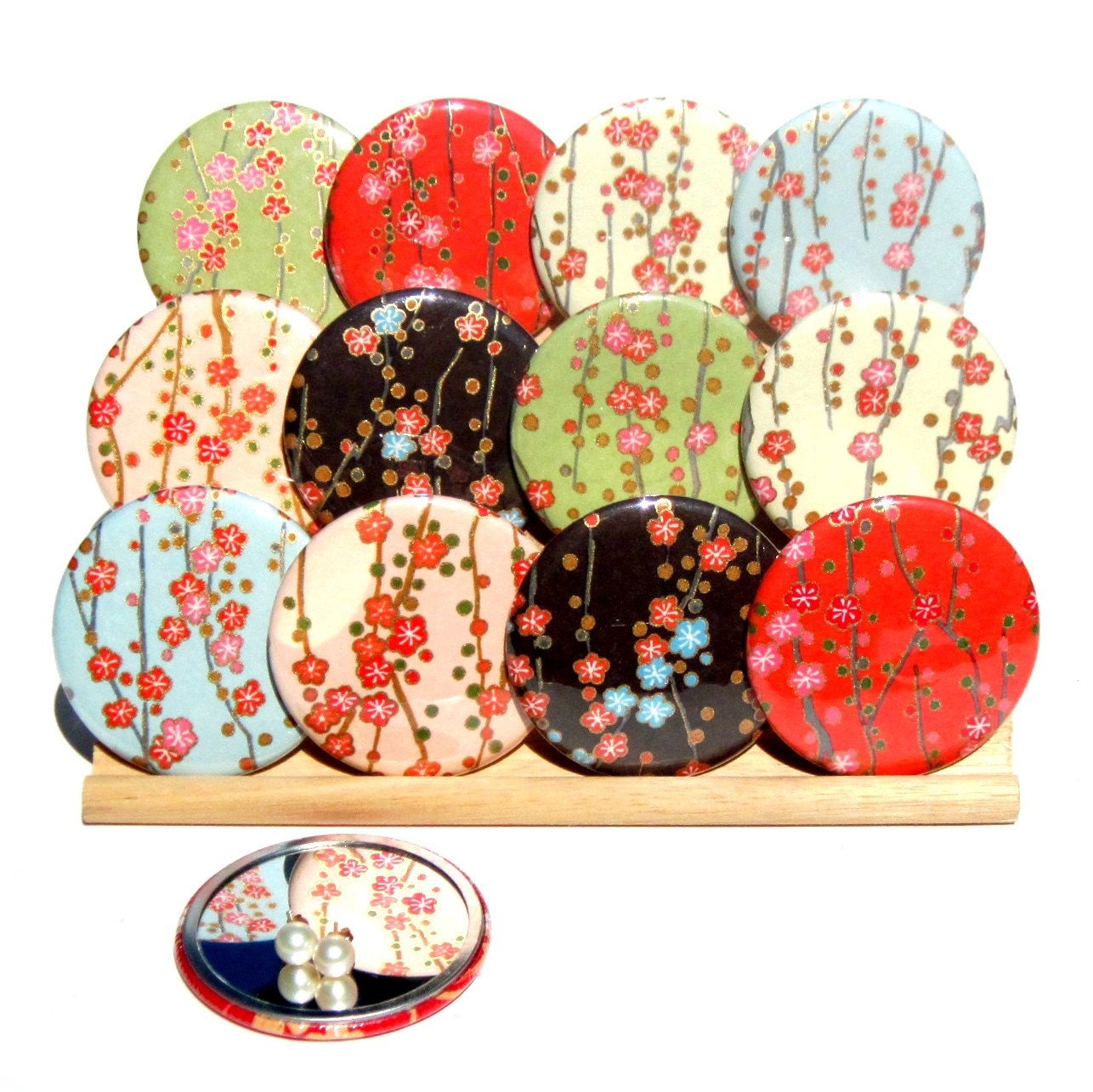 Pocket Mirrors - Cherry Blossoms Collection - Set of 5 Japanese chiyogami mirrors with gift bags - LIMITED EDITION