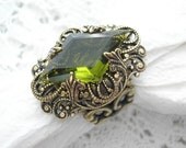 Forest Lights - Vintage Olivine Glass and Antiqued Brass Ring