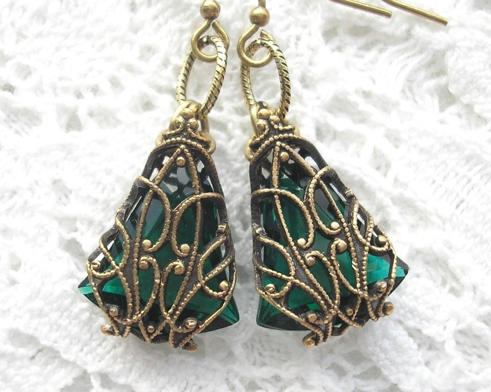 Enchanted Emerald - Glass and Brass Earrings