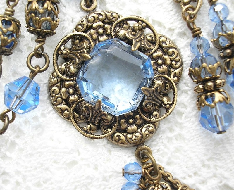 Summertime Blues - Sapphire Blue Glass and Antiqued Brass Necklace Set