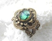 Celtic Rainforest Ring - Emerald Green Glass Opal and Antiqued Brass