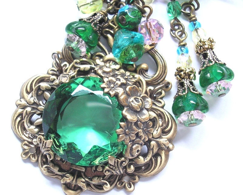 Celebration of Spring - Victorian Style Beadwork Apple Green Czech Glass Necklace