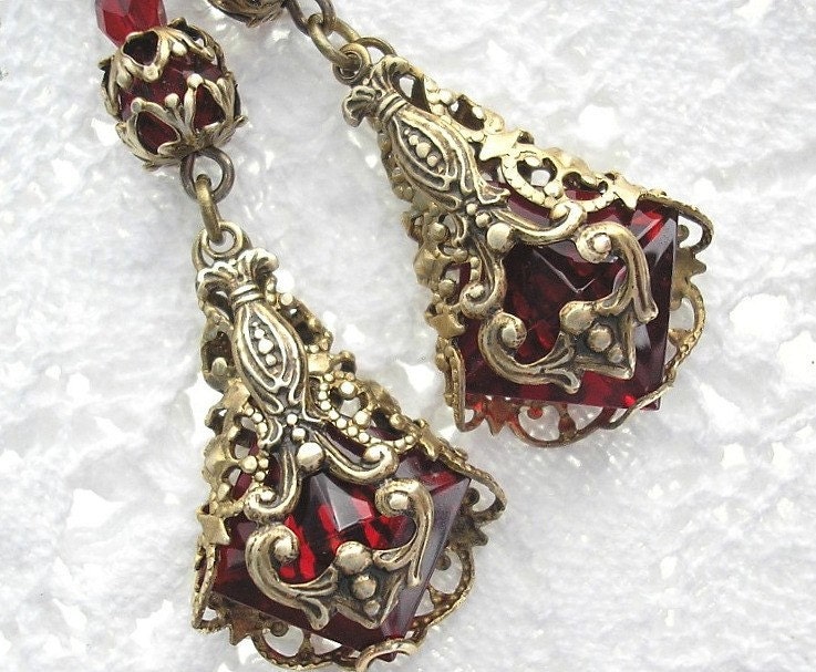 Imperial Rubies - Ruby Red Glass Jewel Earrings - Filigree Wrapped