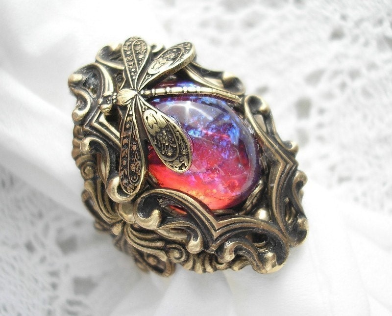 Dream Weaver Ring - Mexican Glass Fireopal in Antiqued Brass