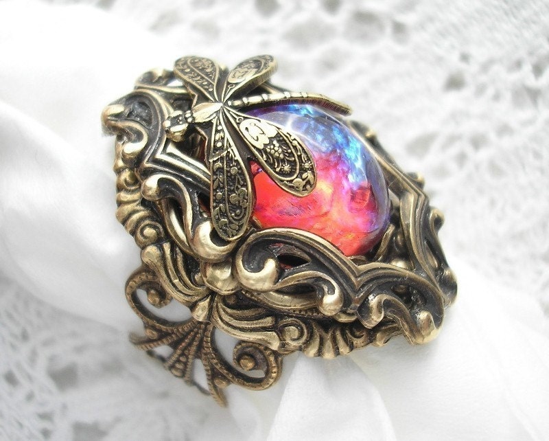 Dream Weaver Ring - Mexican Glass Fireopal in Antiqued Brass