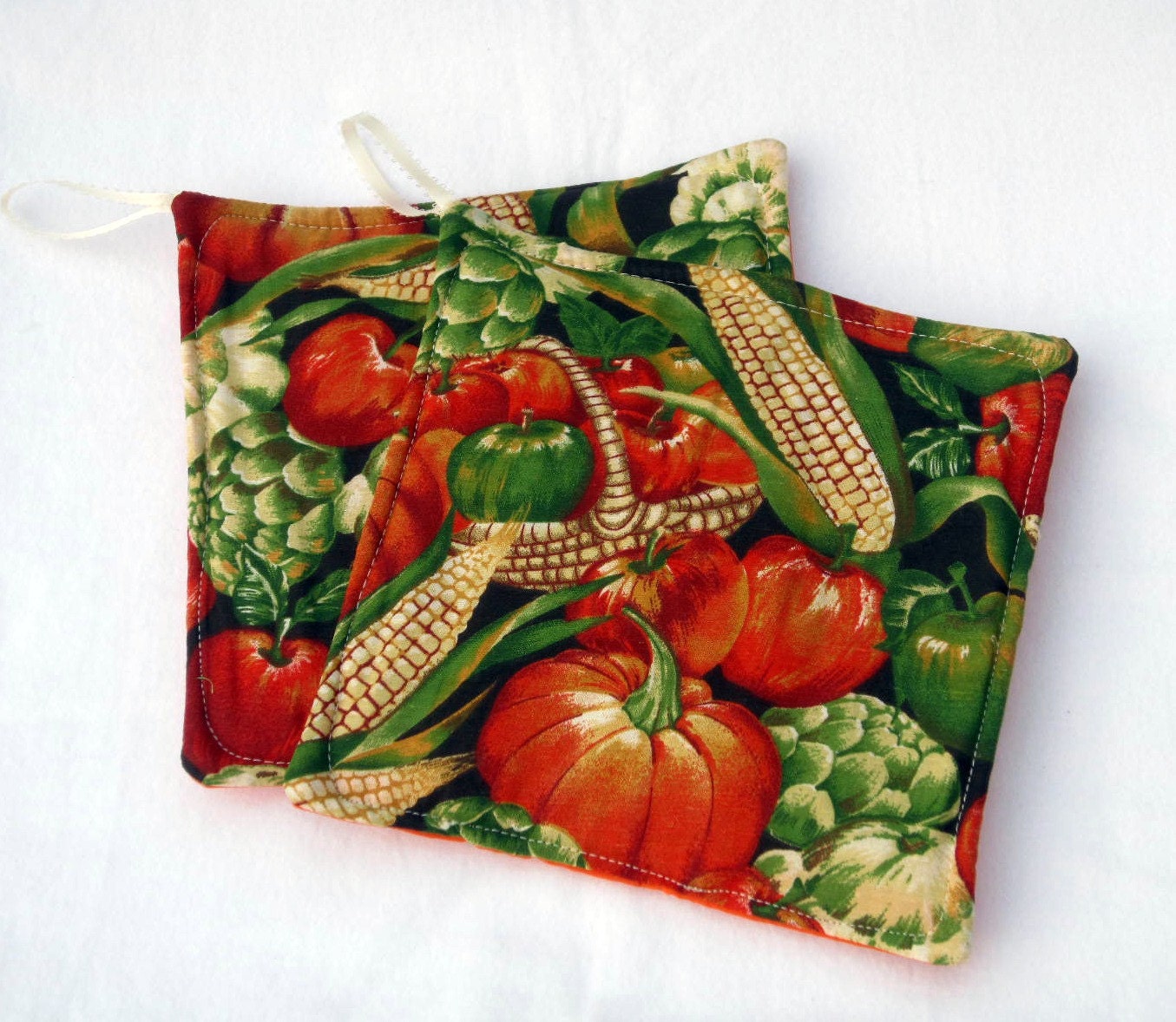 Set of 2 Fabric Potholders, Pumpkins and Corn, Fall Autumn
