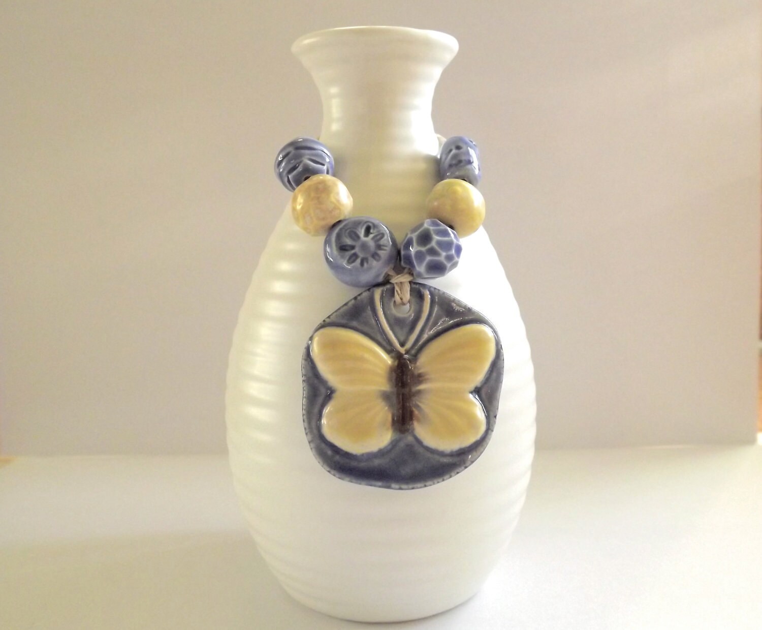 Lemon Butterfly Pendant and Bead Set from Porcelain Clay Ceramic Bead Art