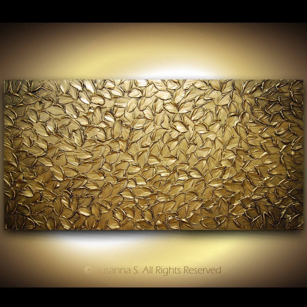 Original Art- Large Abstract Textured Bronze Gold Modern Palette Knife Painting Leaves Sculpture on 48x24 canvas - MADE2ORDER
