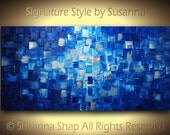 Original Large Abstract Fine Art on Canvas Textured Blue Modern Palette Knife Painting Ready to Hang 48x24 by Susanna