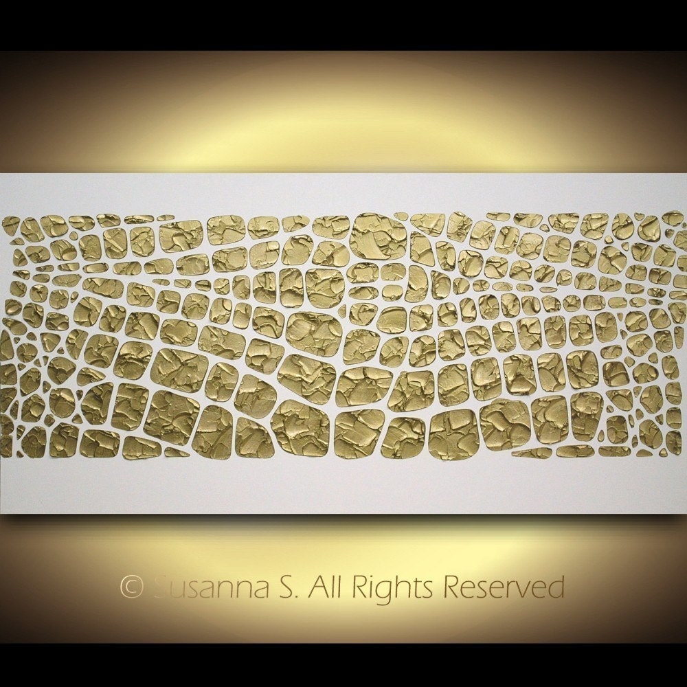 Original Large Abstract Contemporary Art on Canvas Thick Texture White Gold Painting Ready to Hang 48x24 MADE2ORDER