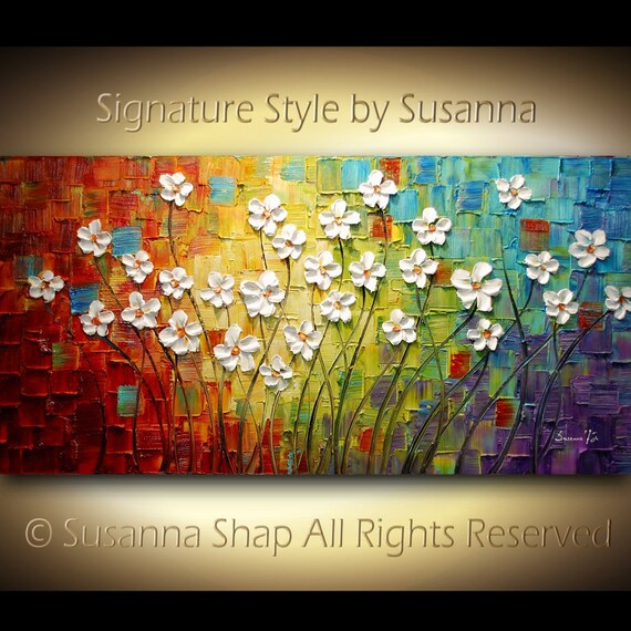 ORIGINAL Large Abstract Contemporary White Flowers Landscape Heavy Texured Modern Multicolored Painting  by Susanna Ready to Hang 48x24
